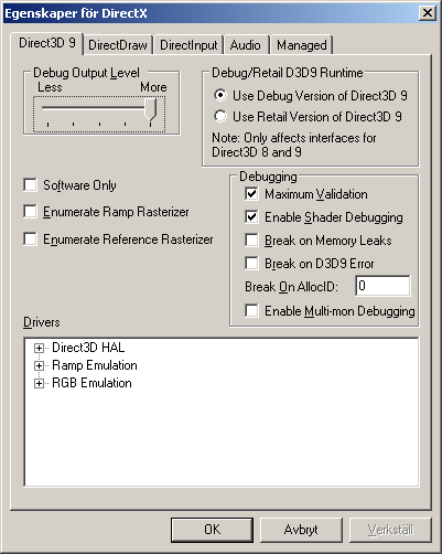 DirectX Control Panel Proprties